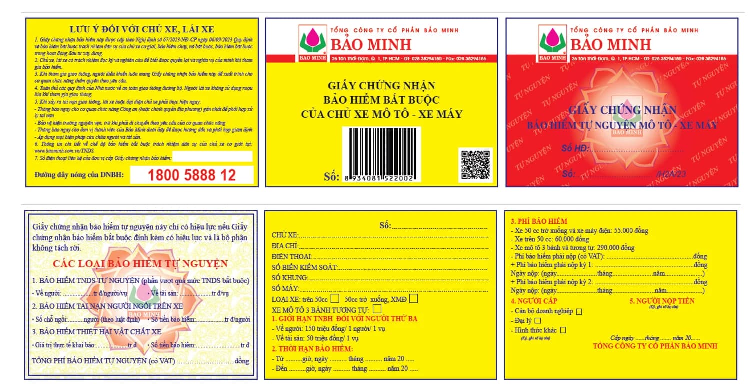 Mẫu giấy chứng nhận bảo hiểm bắt buộc của chủ xe mô tô, xe máy Bảo Minh